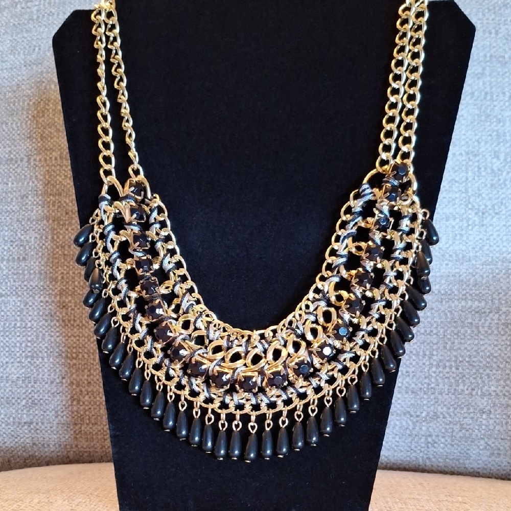 Black Teardrop Beads And Crystals Gold Tone Bib Necklace